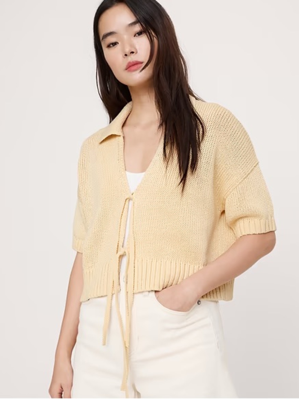 Banana Republic Cotton Tie-Front Polo Cardigan in Butter Yellow 875104